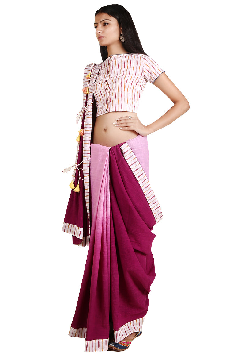 Magenta & White Ombre Handloom Cotton Tie Up Saree