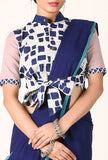 Beige cotton slub and indigo print blouse