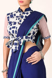 Beige cotton slub and indigo print blouse