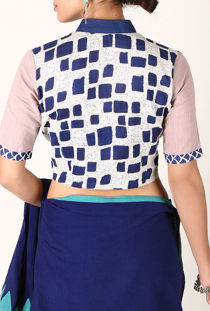 Beige cotton slub and indigo print blouse