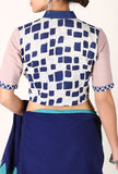 Beige cotton slub and indigo print blouse