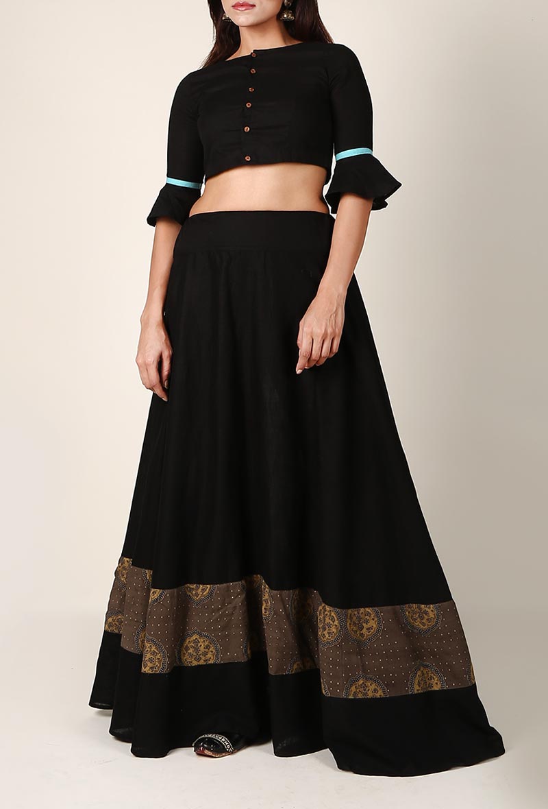 Black Cotton Skirt With Ajrakh Detailing