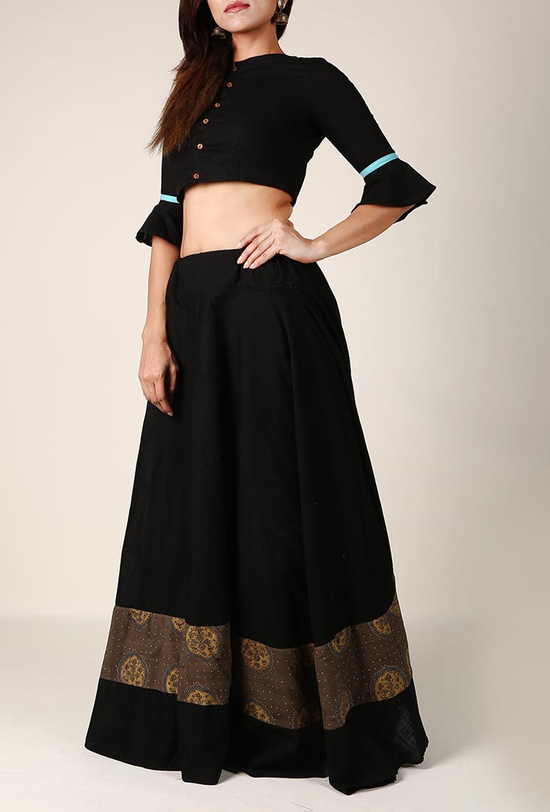 Black Cotton Skirt With Ajrakh Detailing