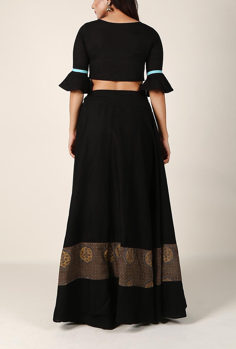 Black Cotton Skirt With Ajrakh Detailing