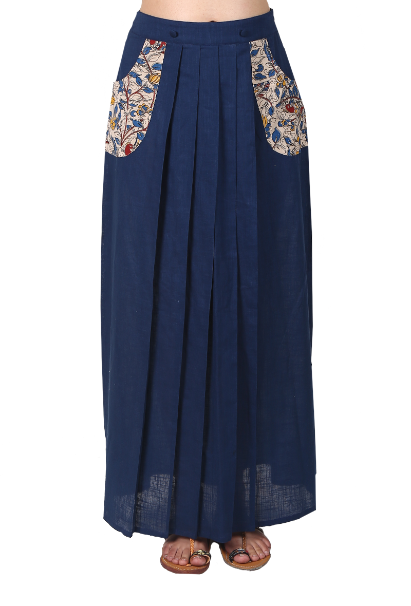 Navy Blue Pure Cotton Pleated Kalamkari Skirt