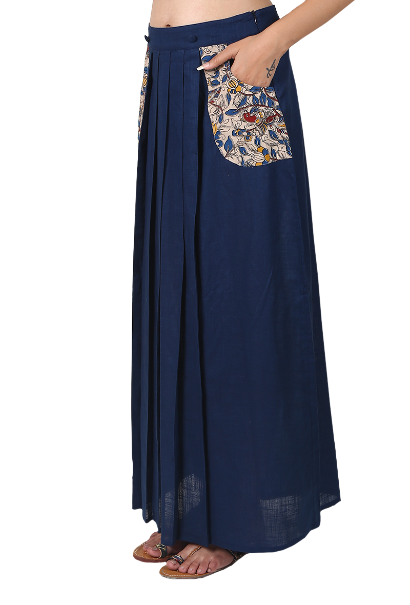 Navy Blue Pure Cotton Pleated Kalamkari Skirt