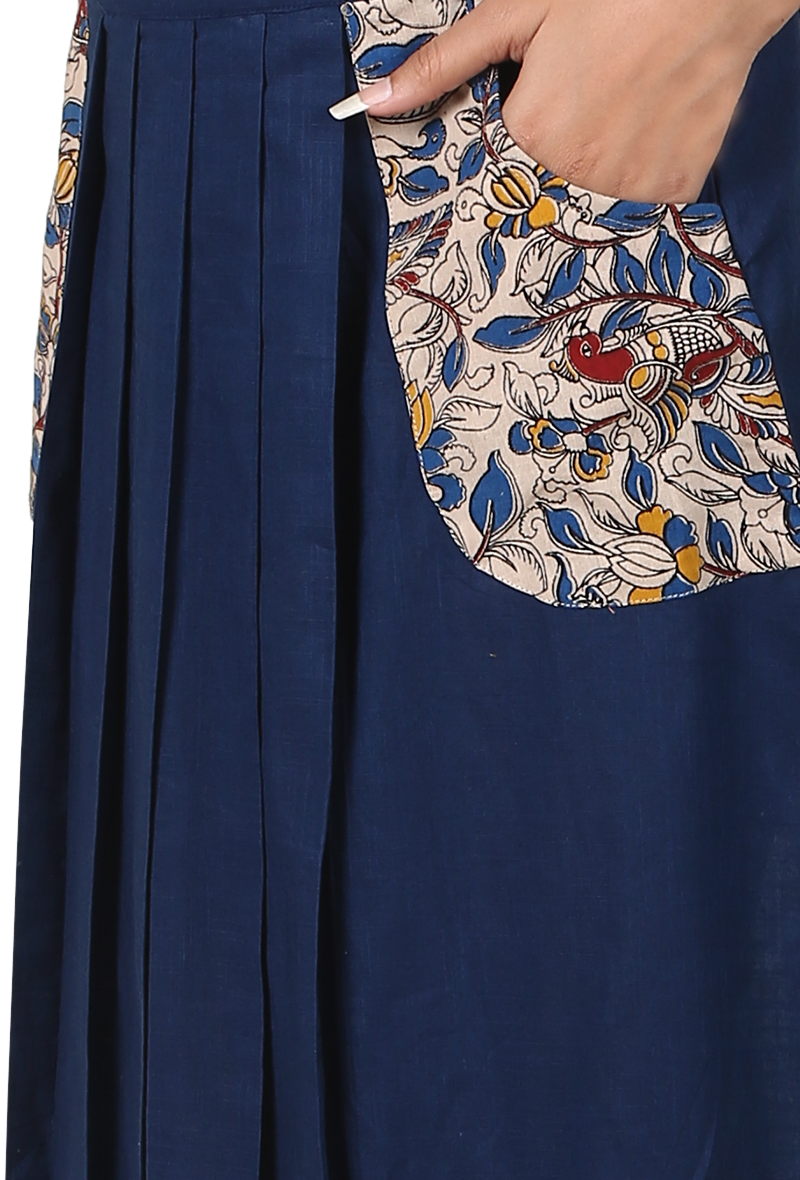 Navy Blue Pure Cotton Pleated Kalamkari Skirt