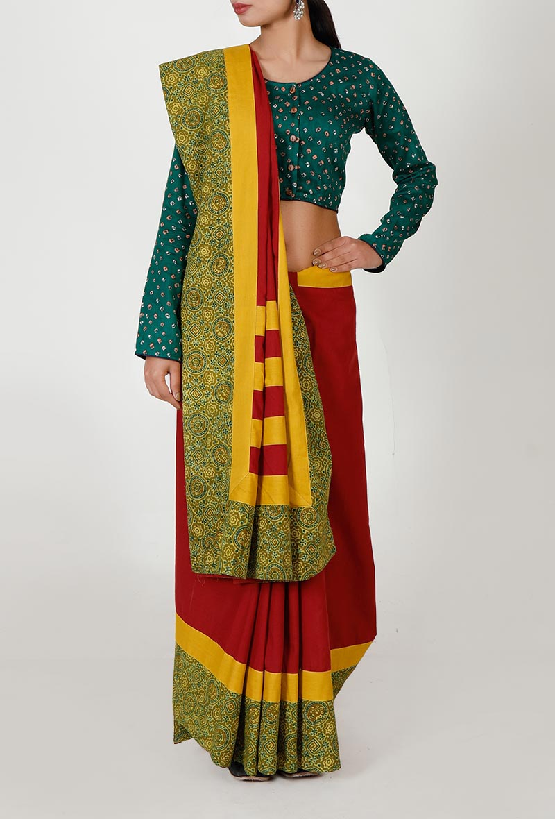 Ajrakh Bordered Red & Yellow Cotton saree
