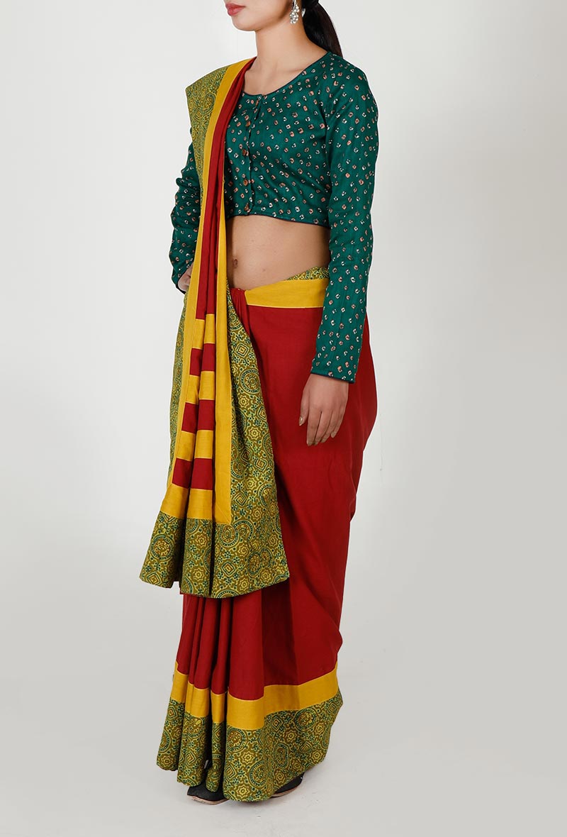 Ajrakh Bordered Red & Yellow Cotton saree