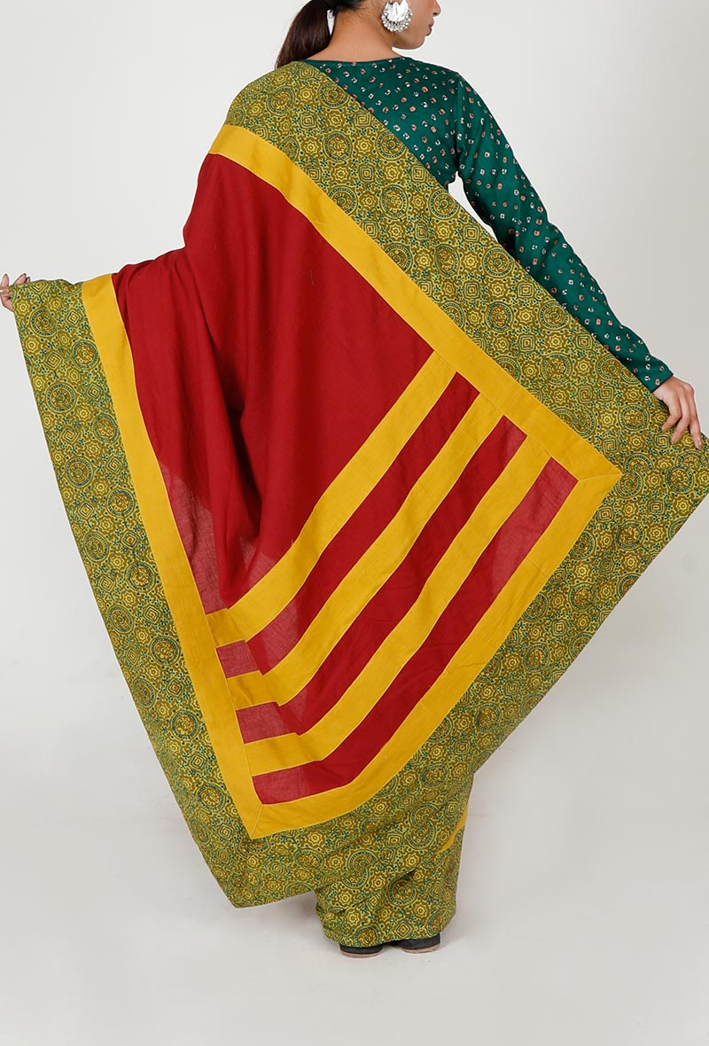 Ajrakh Bordered Red & Yellow Cotton saree