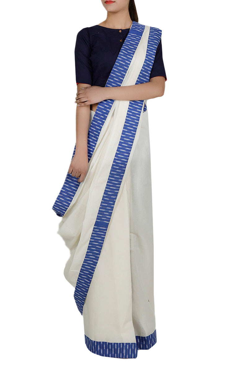 Off White Cotton and Blue Iakt Bordered saree