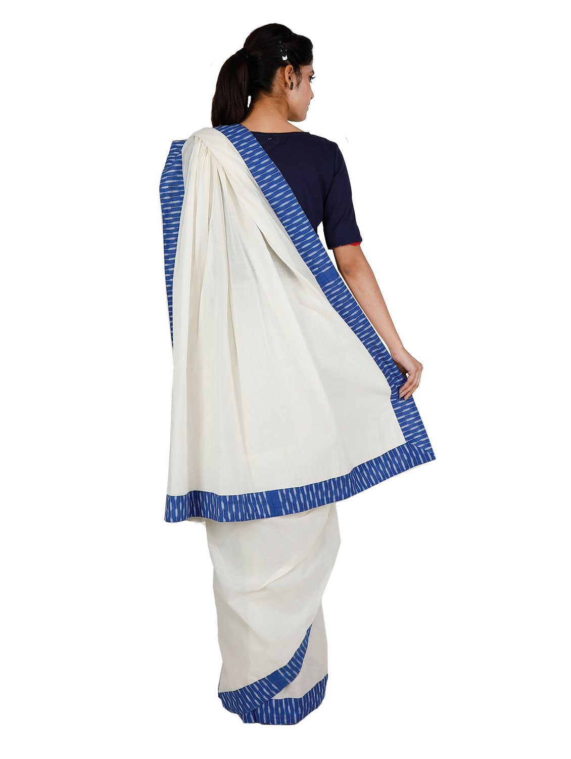 Off White Cotton and Blue Iakt Bordered saree