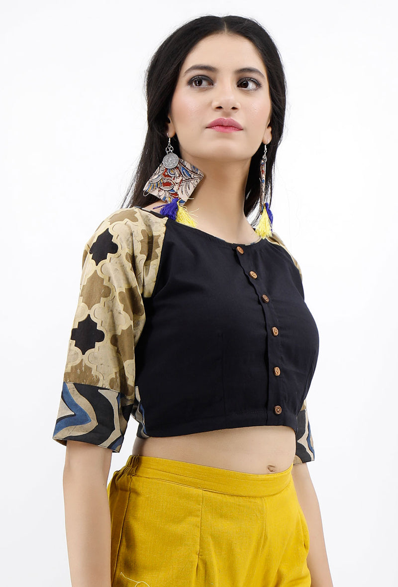 Black Cotton Blouse With Ajrakh Sleeves