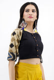 Black Cotton Blouse With Ajrakh Sleeves
