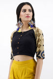 Black Cotton Blouse With Ajrakh Sleeves