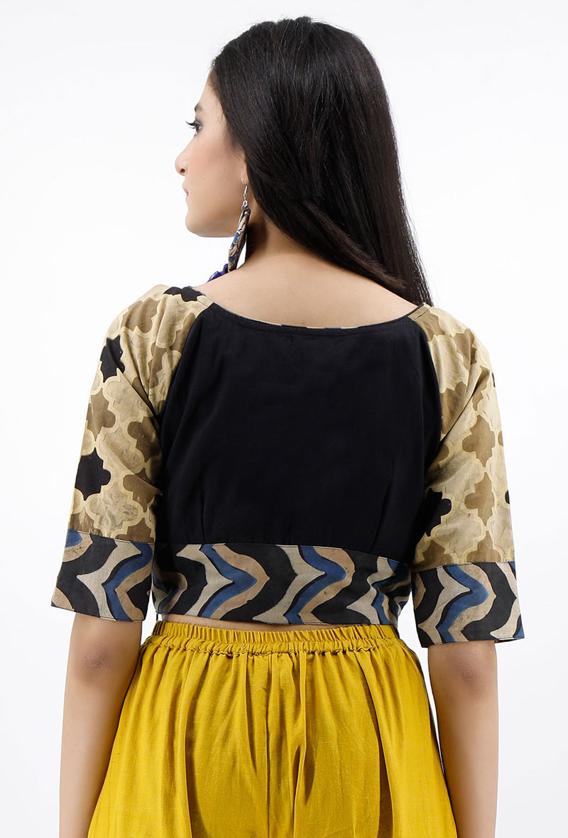 Black Cotton Blouse With Ajrakh Sleeves