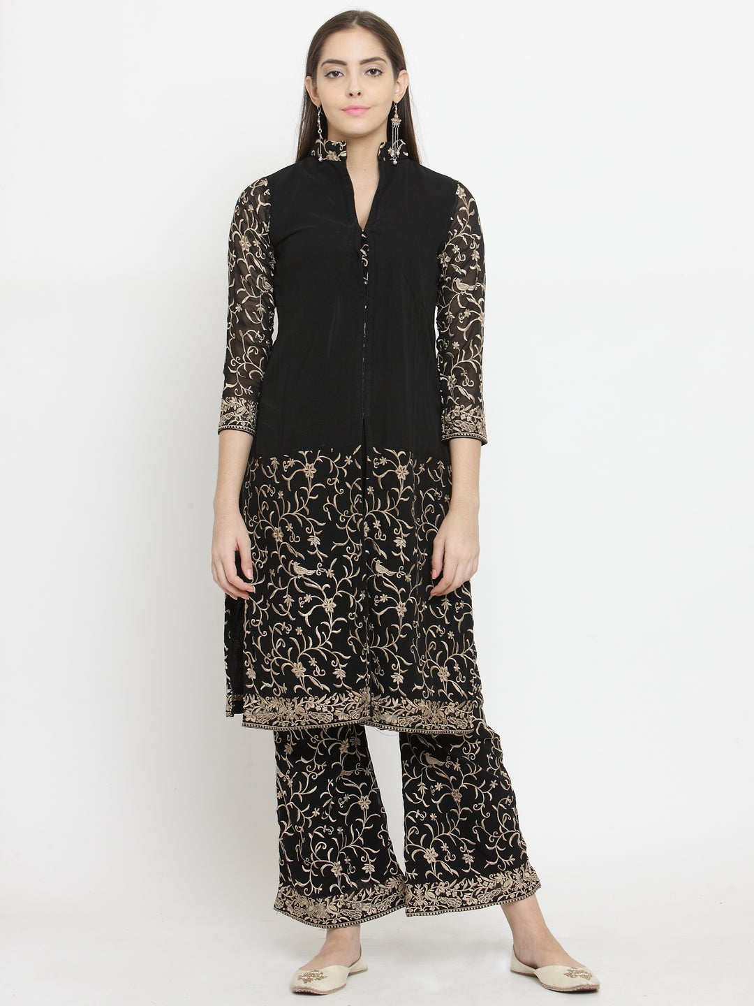 Black Parsi Half Embroidered Shirt With Front Slit