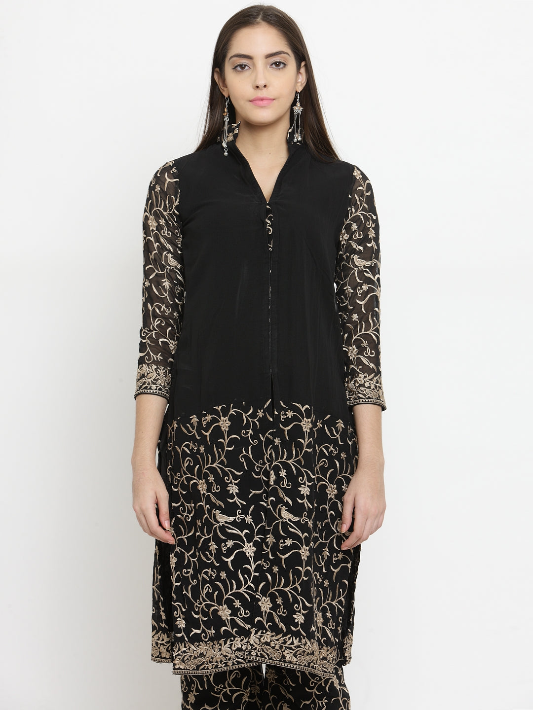 Black Parsi Half Embroidered Shirt With Front Slit