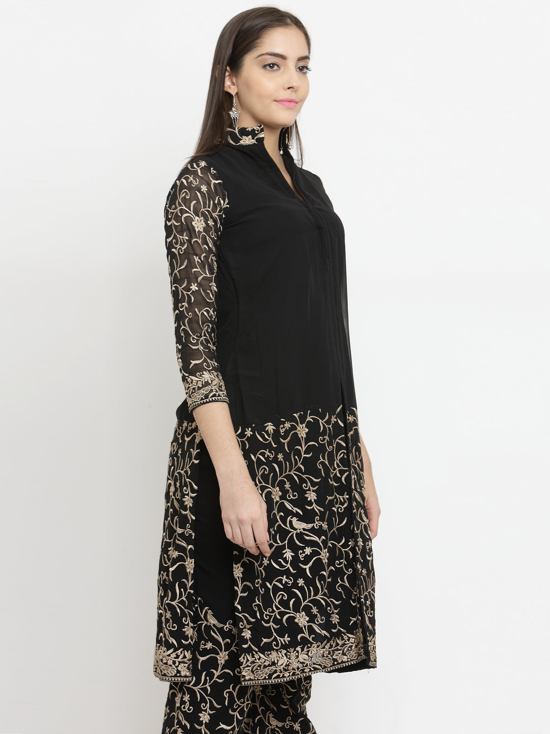 Black Parsi Half Embroidered Shirt With Front Slit