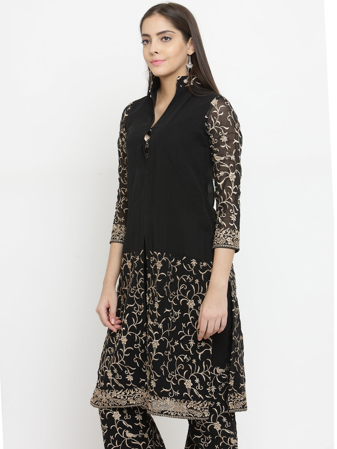 Black Parsi Half Embroidered Shirt With Front Slit