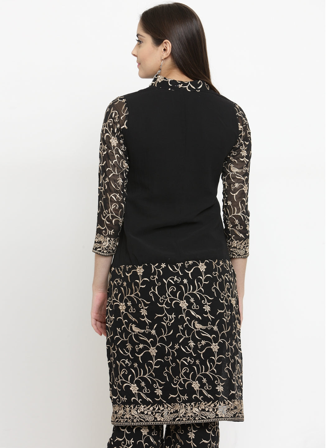 Black Parsi Half Embroidered Shirt With Front Slit