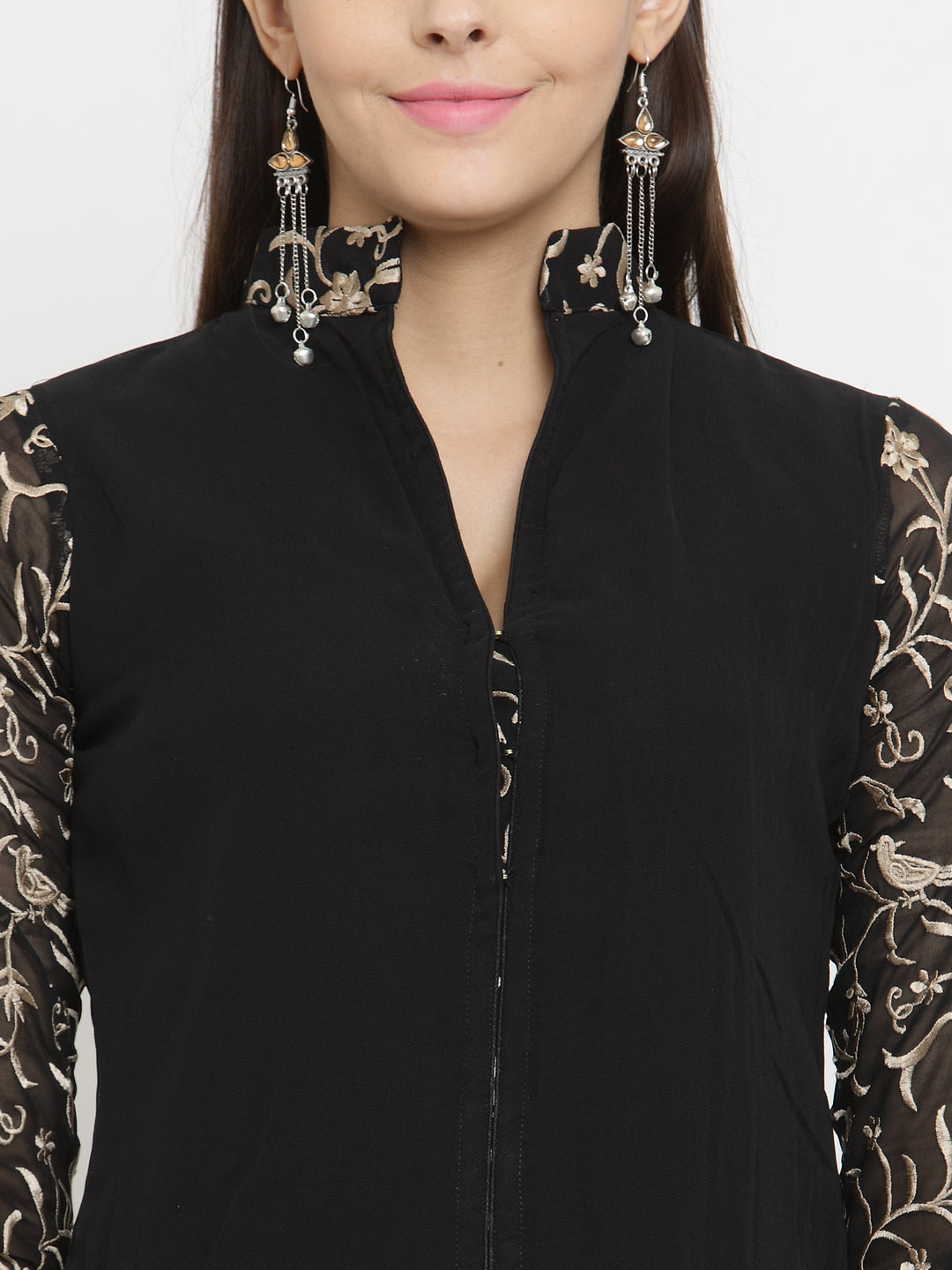Black Parsi Half Embroidered Shirt With Front Slit