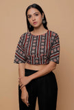 Black and Red  Handblock Printed Cotton Boxy Sleeve Round Neck Blouse