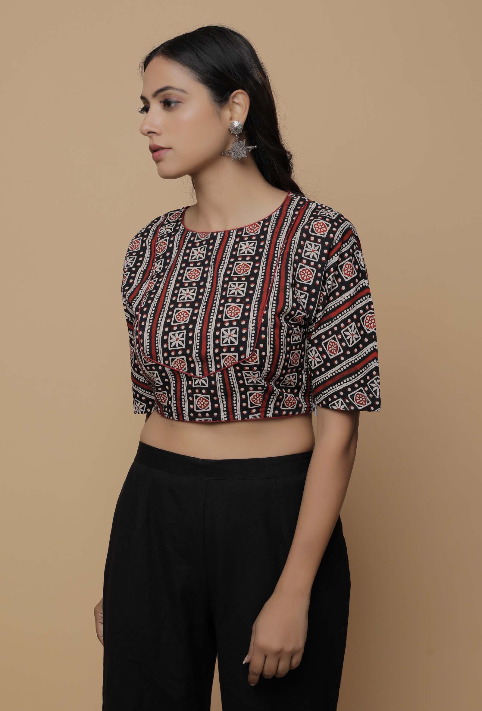 Black and Red  Handblock Printed Cotton Boxy Sleeve Round Neck Blouse