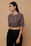 Black and Red  Handblock Printed Cotton Boxy Sleeve Round Neck Blouse