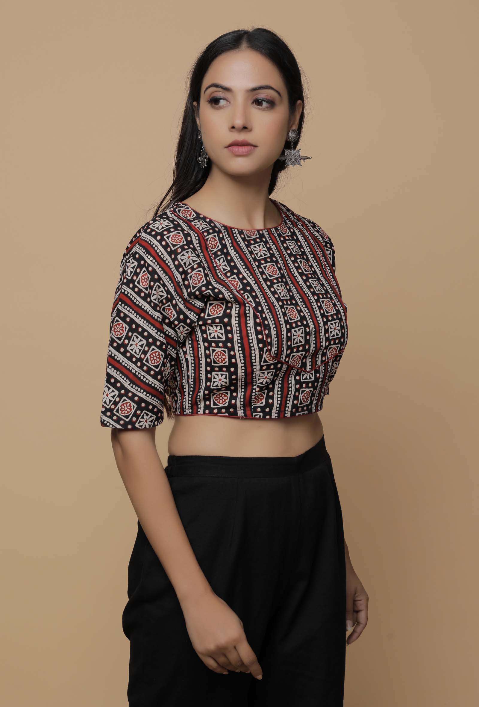 Black and Red  Handblock Printed Cotton Boxy Sleeve Round Neck Blouse