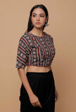 Black and Red  Handblock Printed Cotton Boxy Sleeve Round Neck Blouse