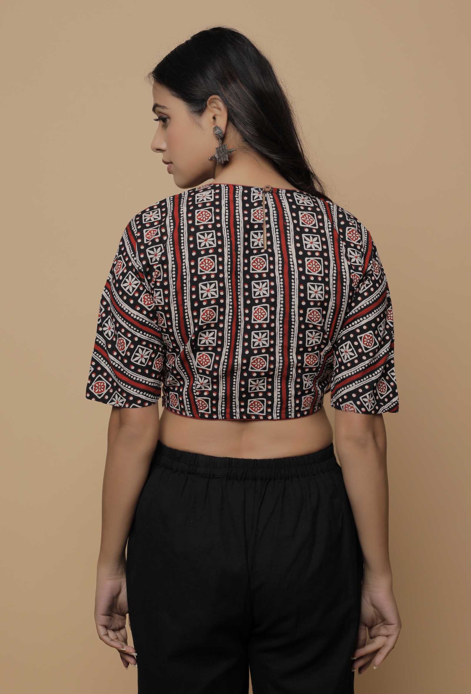 Black and Red  Handblock Printed Cotton Boxy Sleeve Round Neck Blouse