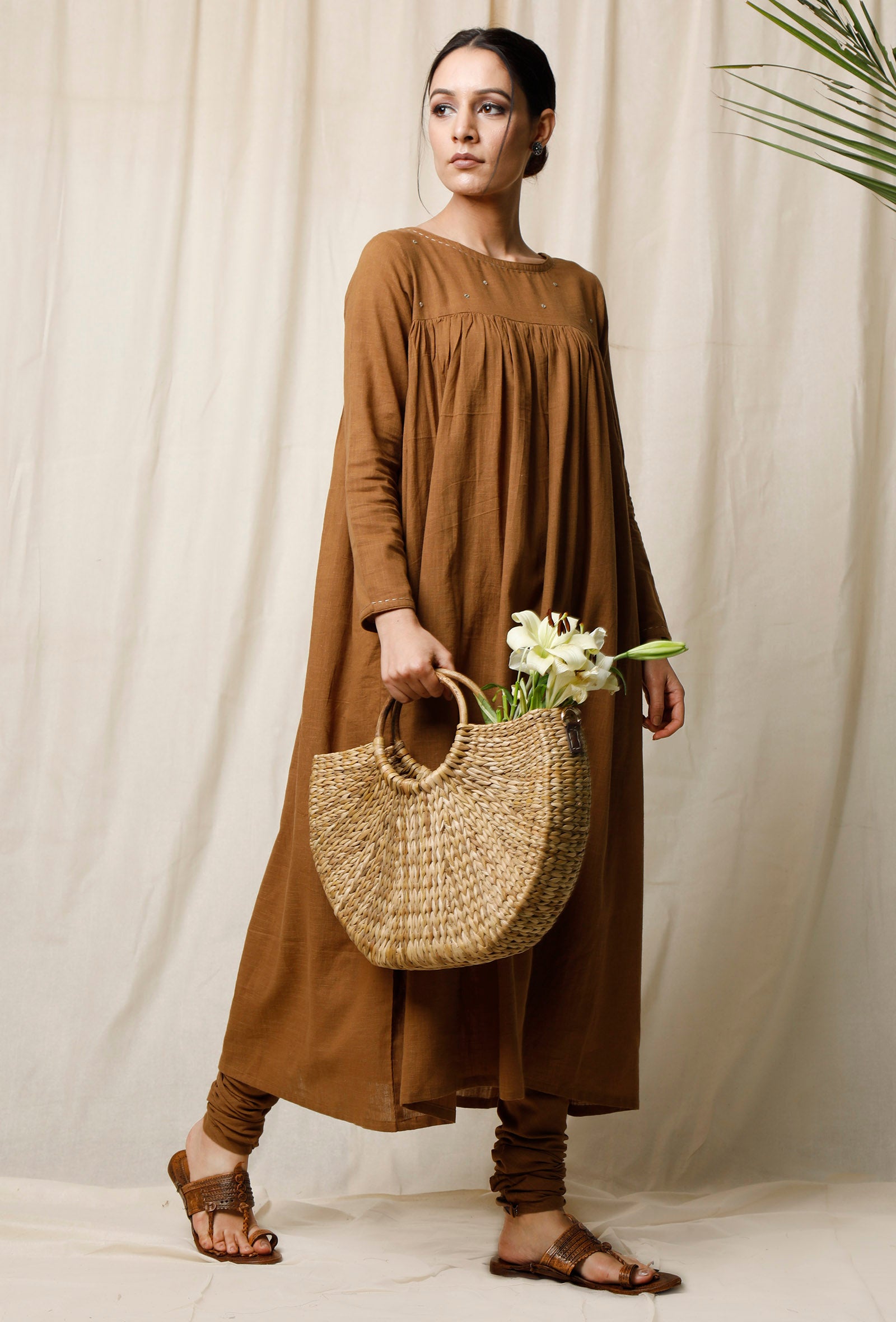 Set of 2: Khaki Gathered Kurta & Churidaar