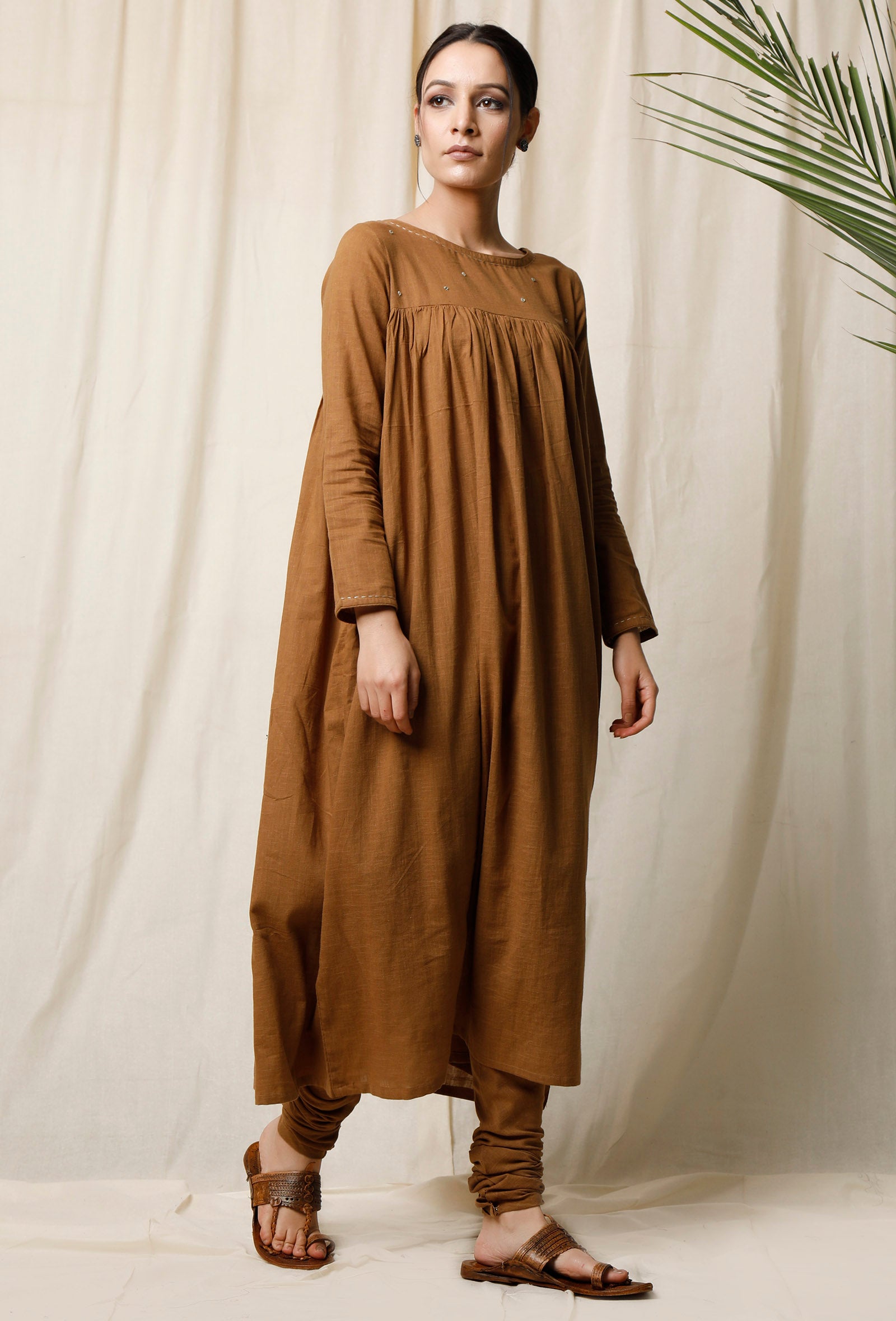 Set of 2: Khaki Gathered Kurta & Churidaar