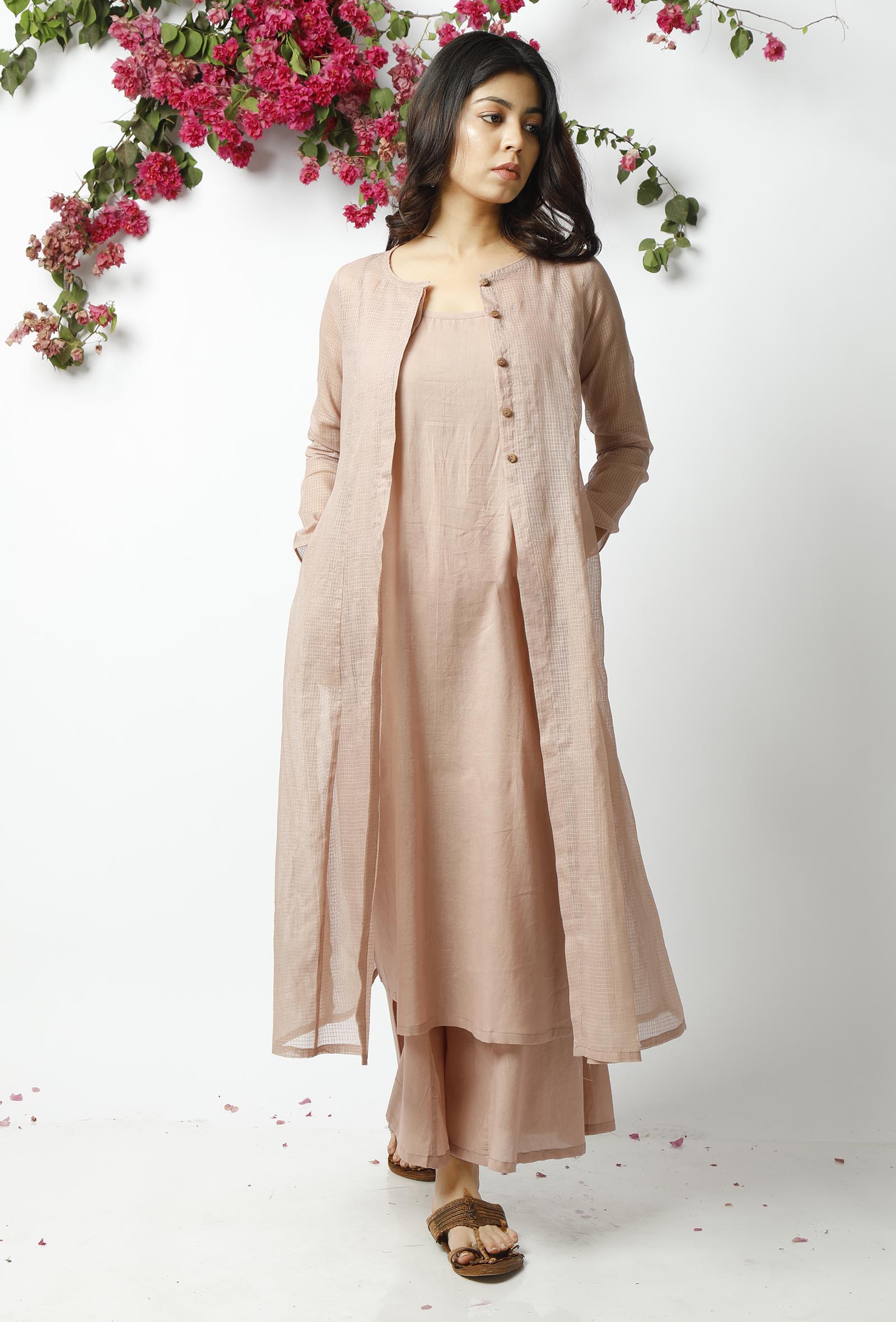 Set of 3: Light Beige Kota Doriya Overlay with Slip and Cotton pallazo