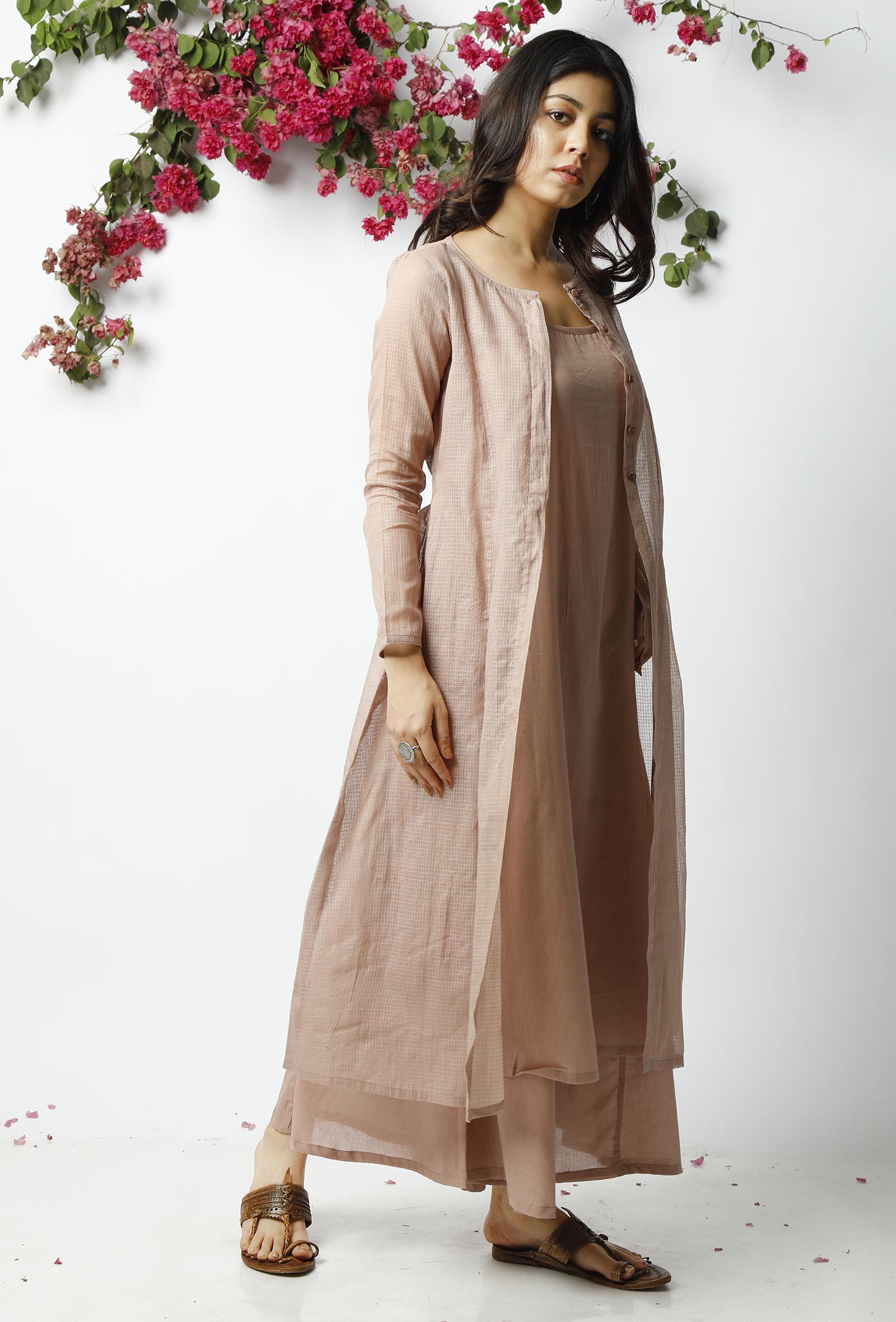 Set of 3: Light Beige Kota Doriya Overlay with Slip and Cotton pallazo