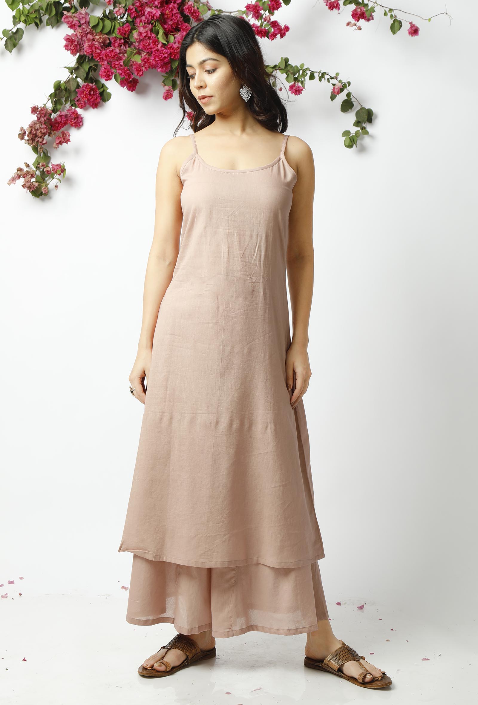 Set of 3: Light Beige Kota Doriya Overlay with Slip and Cotton pallazo