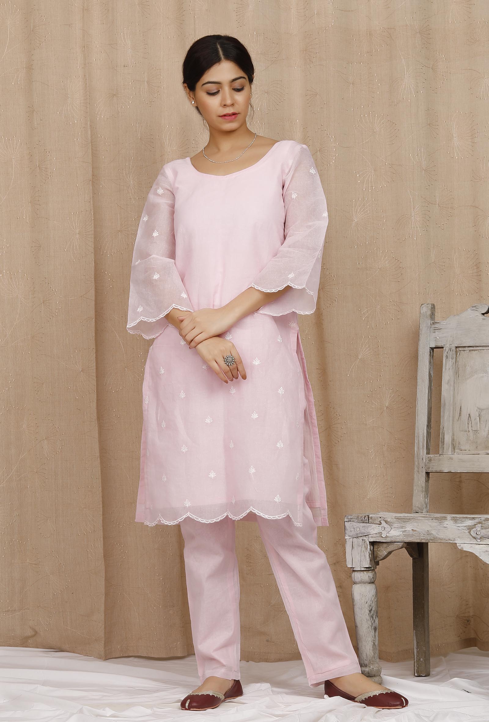 Baby Pink Embroidered Organdy Plazo