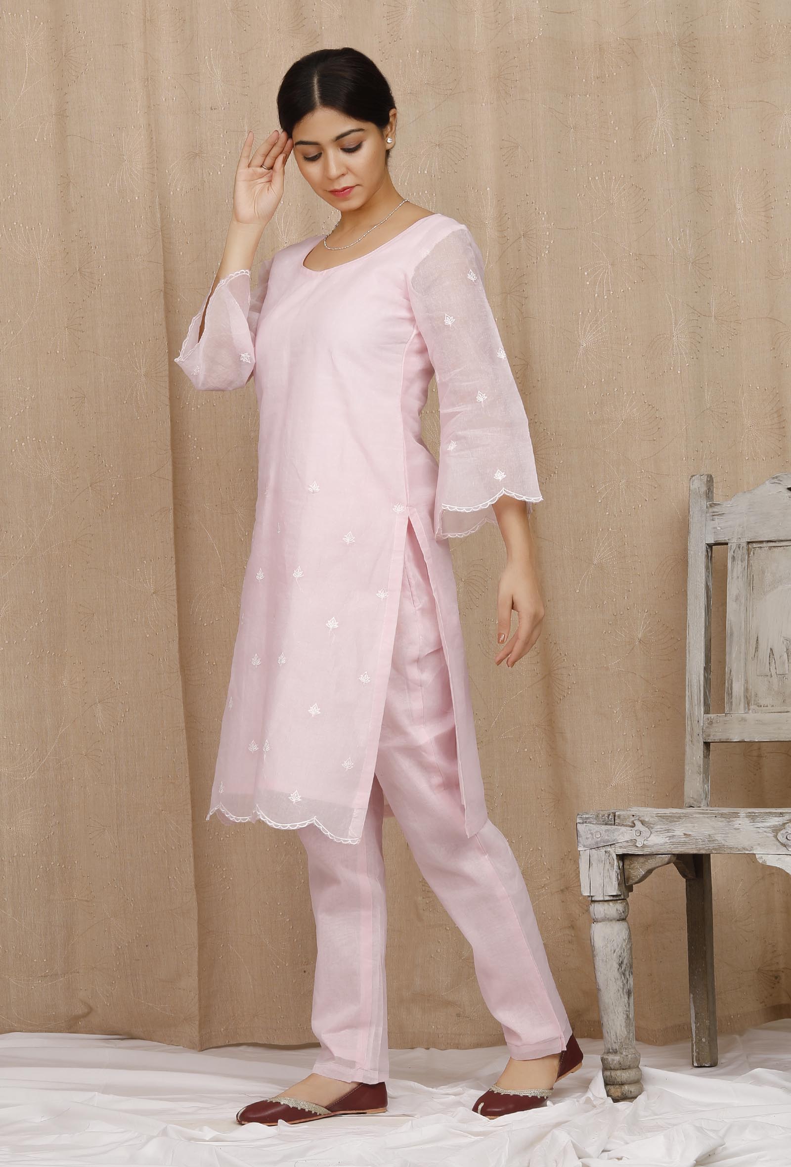 Baby Pink Embroidered Organdy Plazo