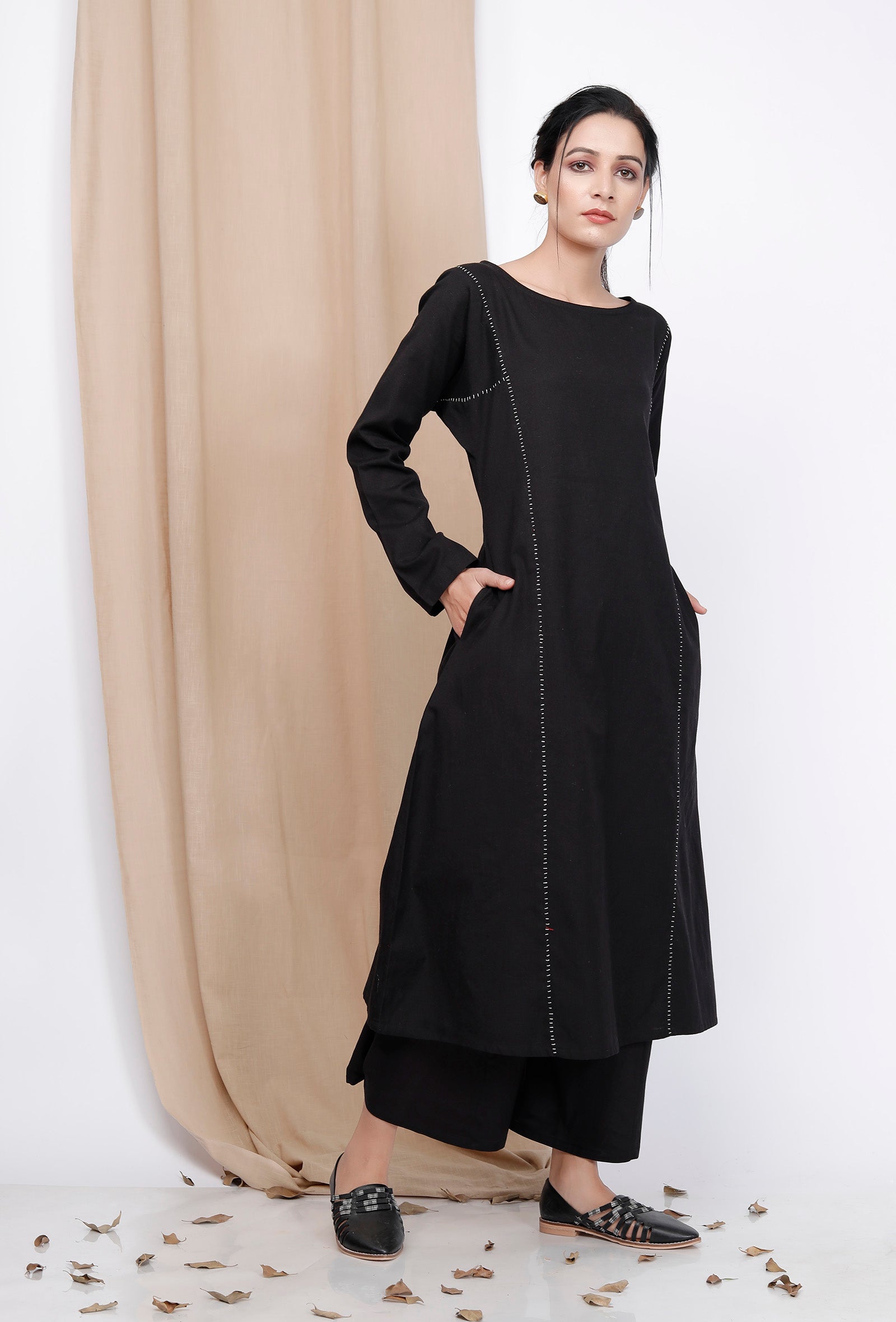 A-line Embroidered Black Cotton Kurta