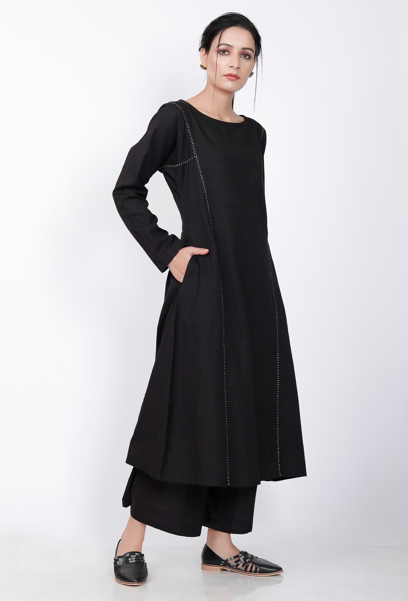 A-line Embroidered Black Cotton Kurta
