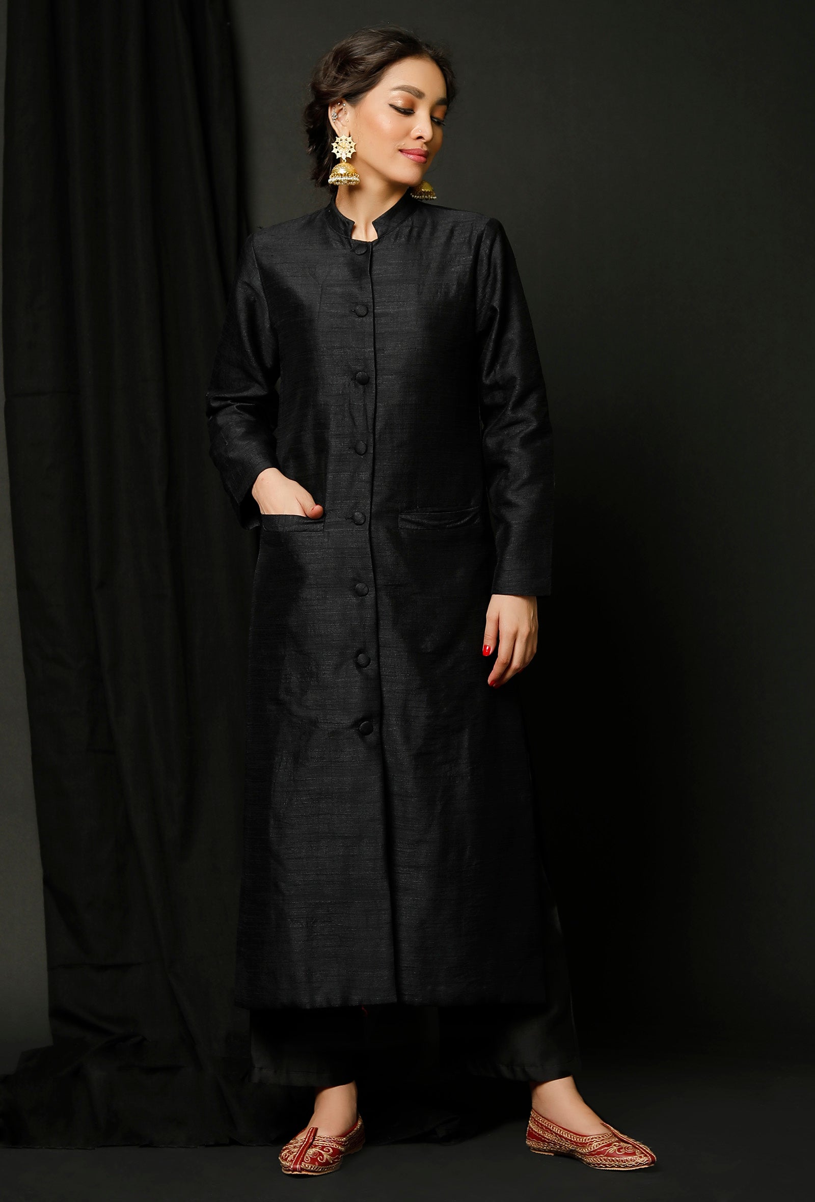 Set of 2 : Black Raw Silk Achkan and Black Pants