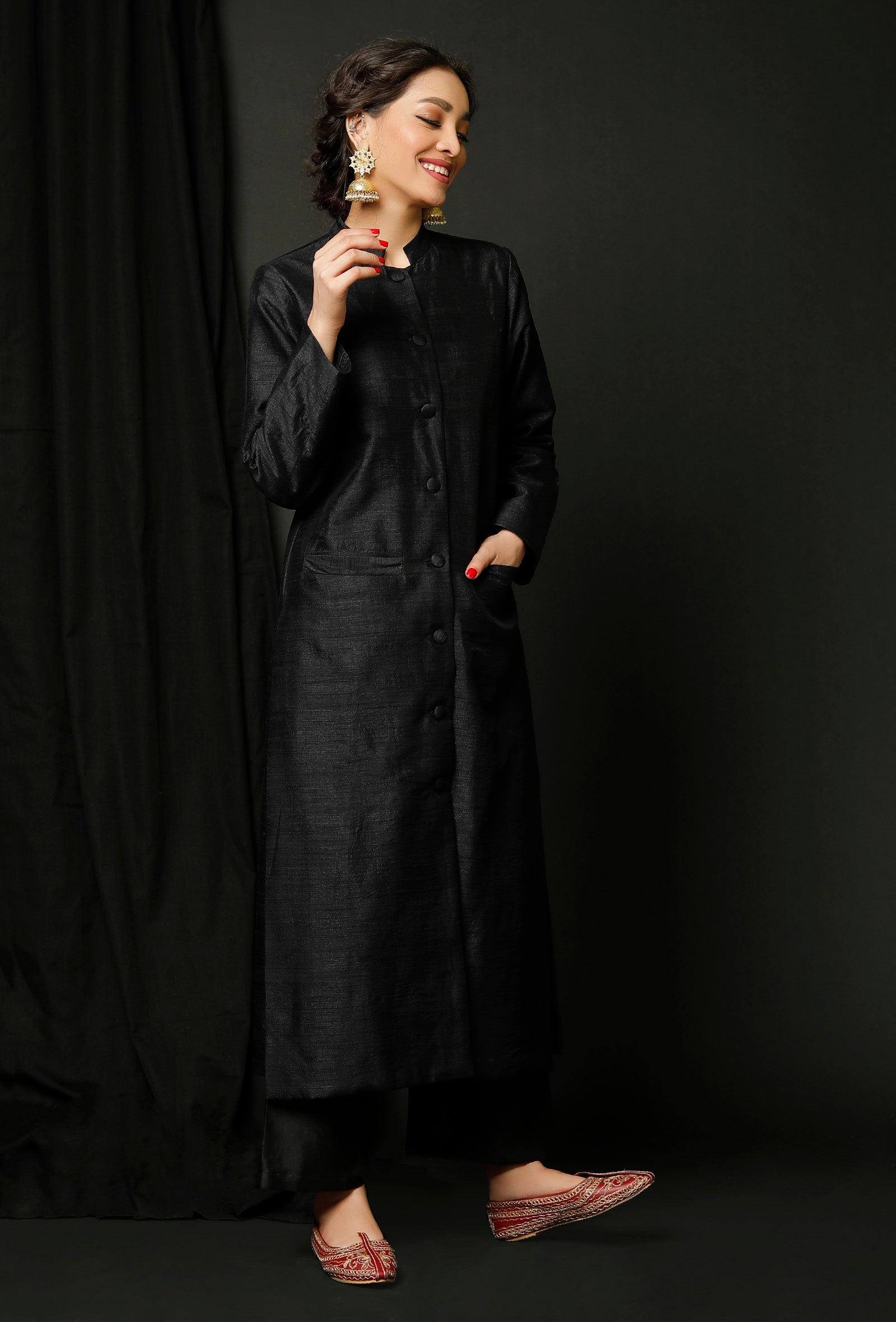 Set of 2 : Black Raw Silk Achkan and Black Pants