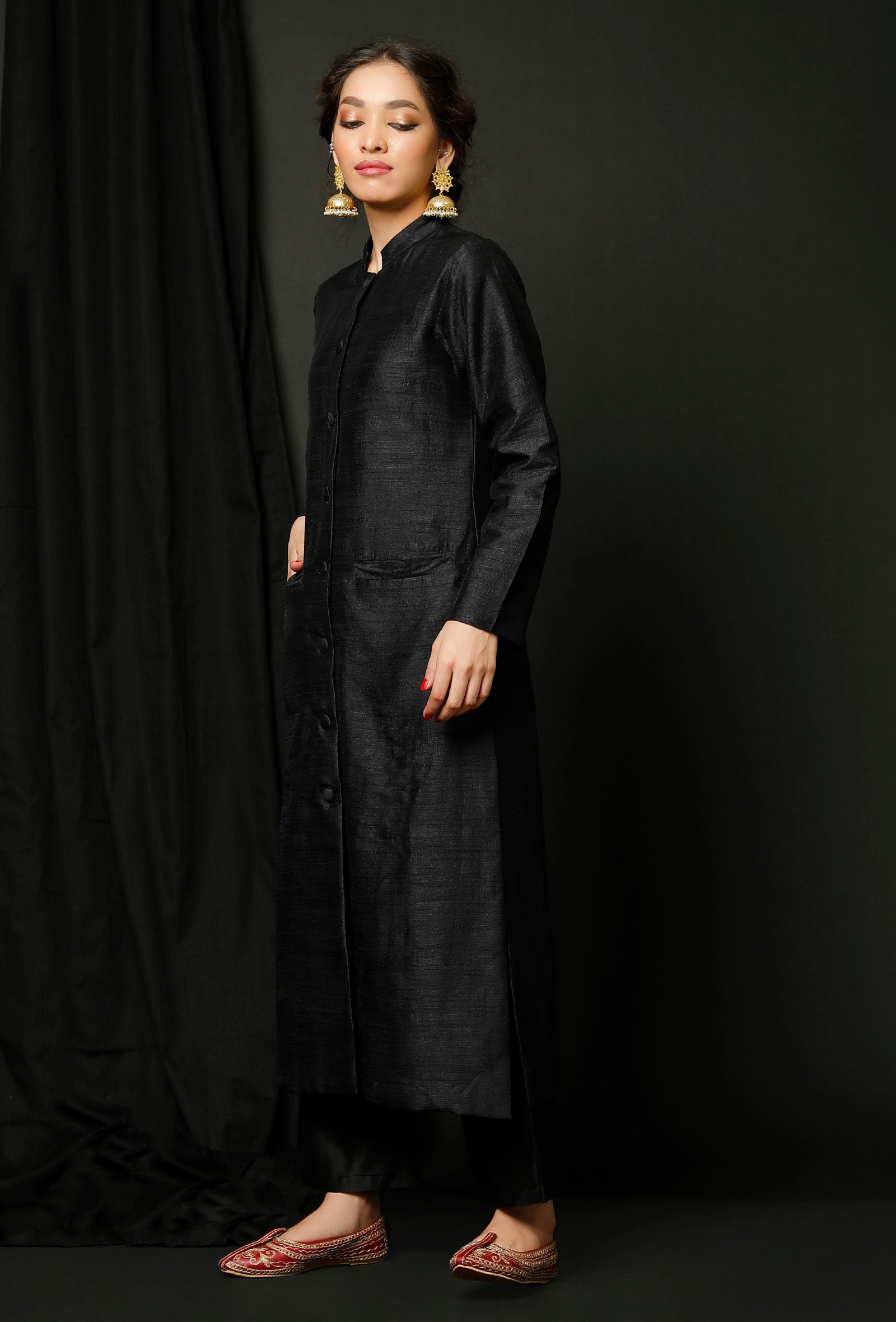 Set of 2 : Black Raw Silk Achkan and Black Pants