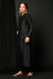 Set of 2 : Black Raw Silk Achkan and Black Pants