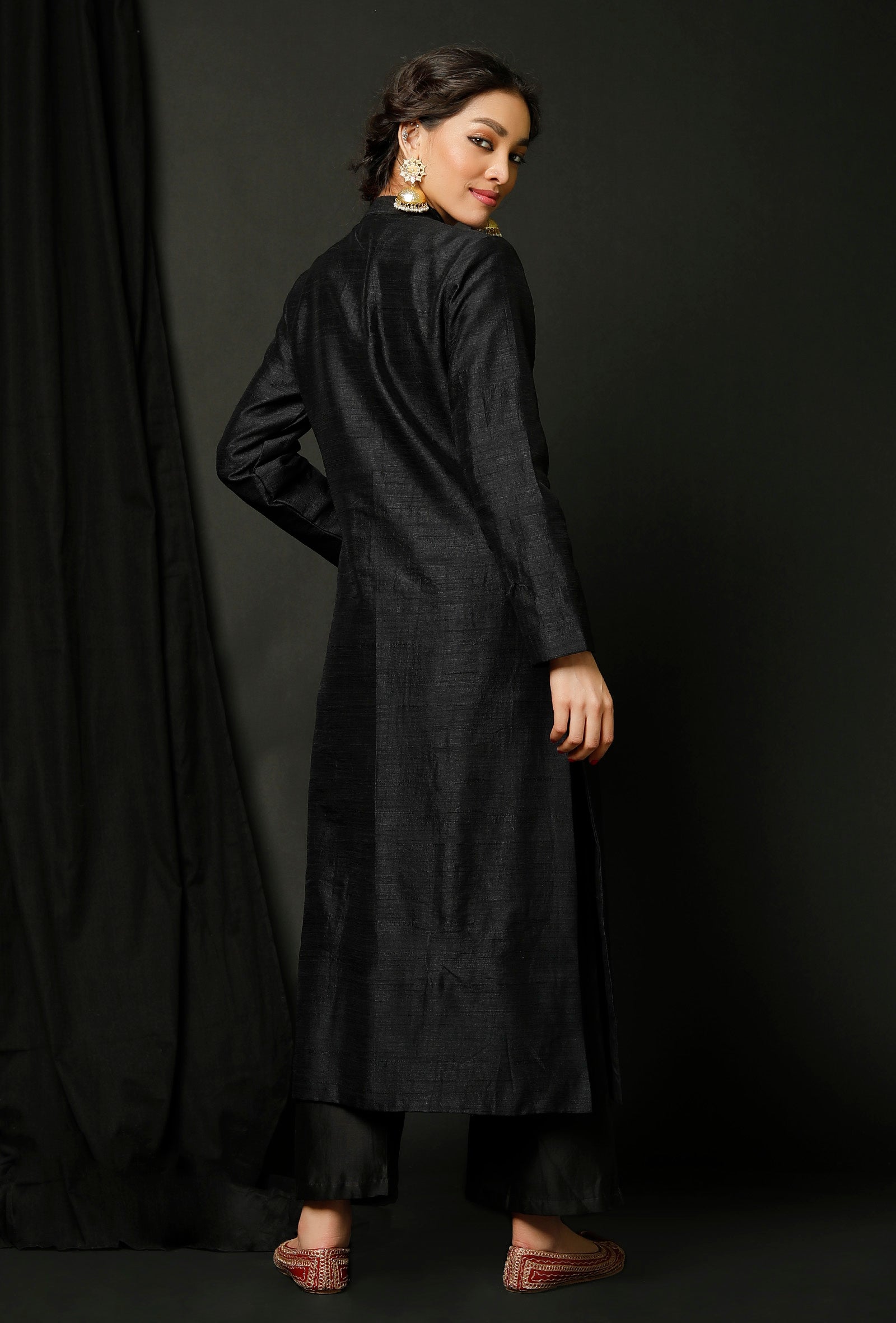 Set of 2 : Black Raw Silk Achkan and Black Pants