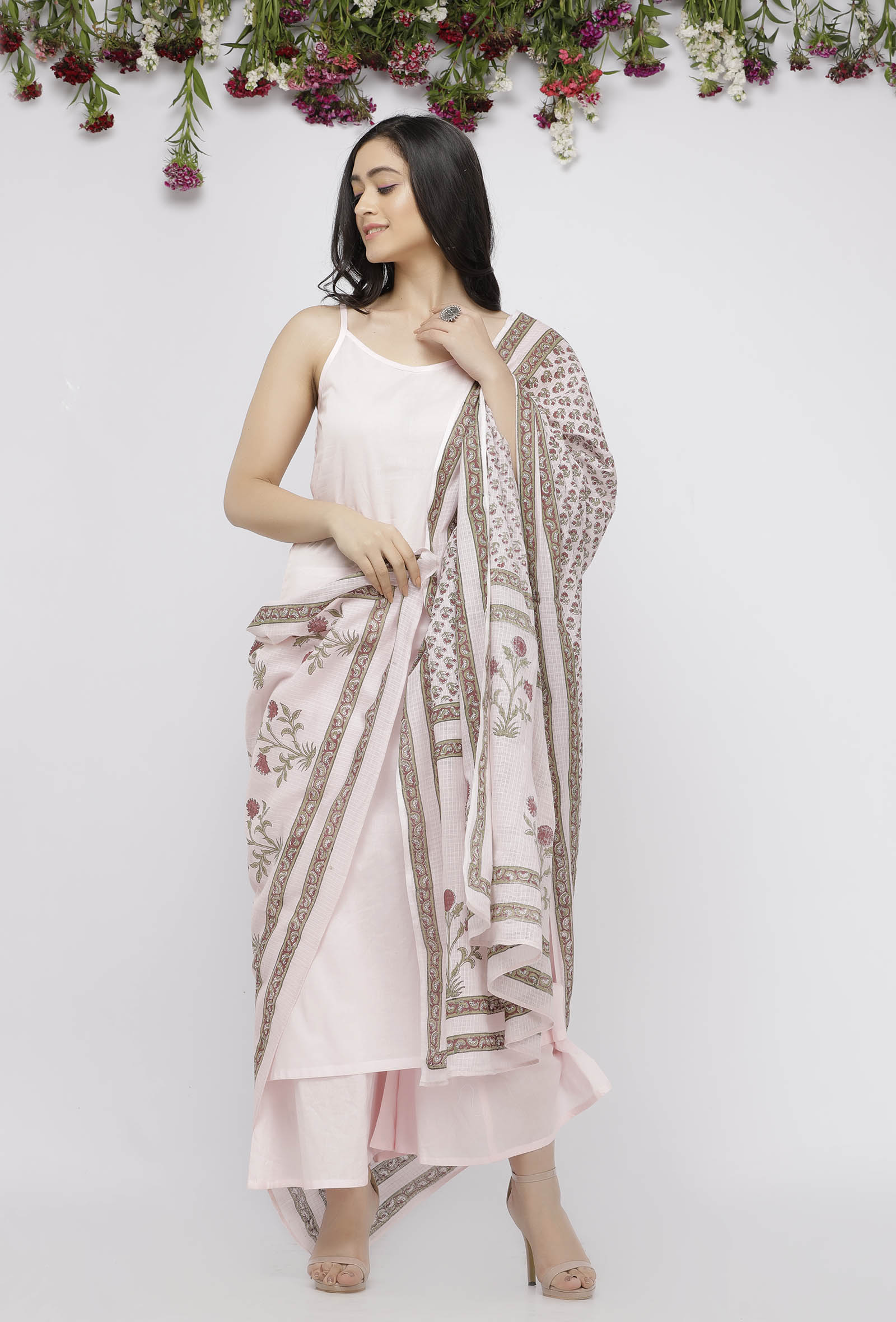 Light Pink Kota Hand-Block Printed Dupatta