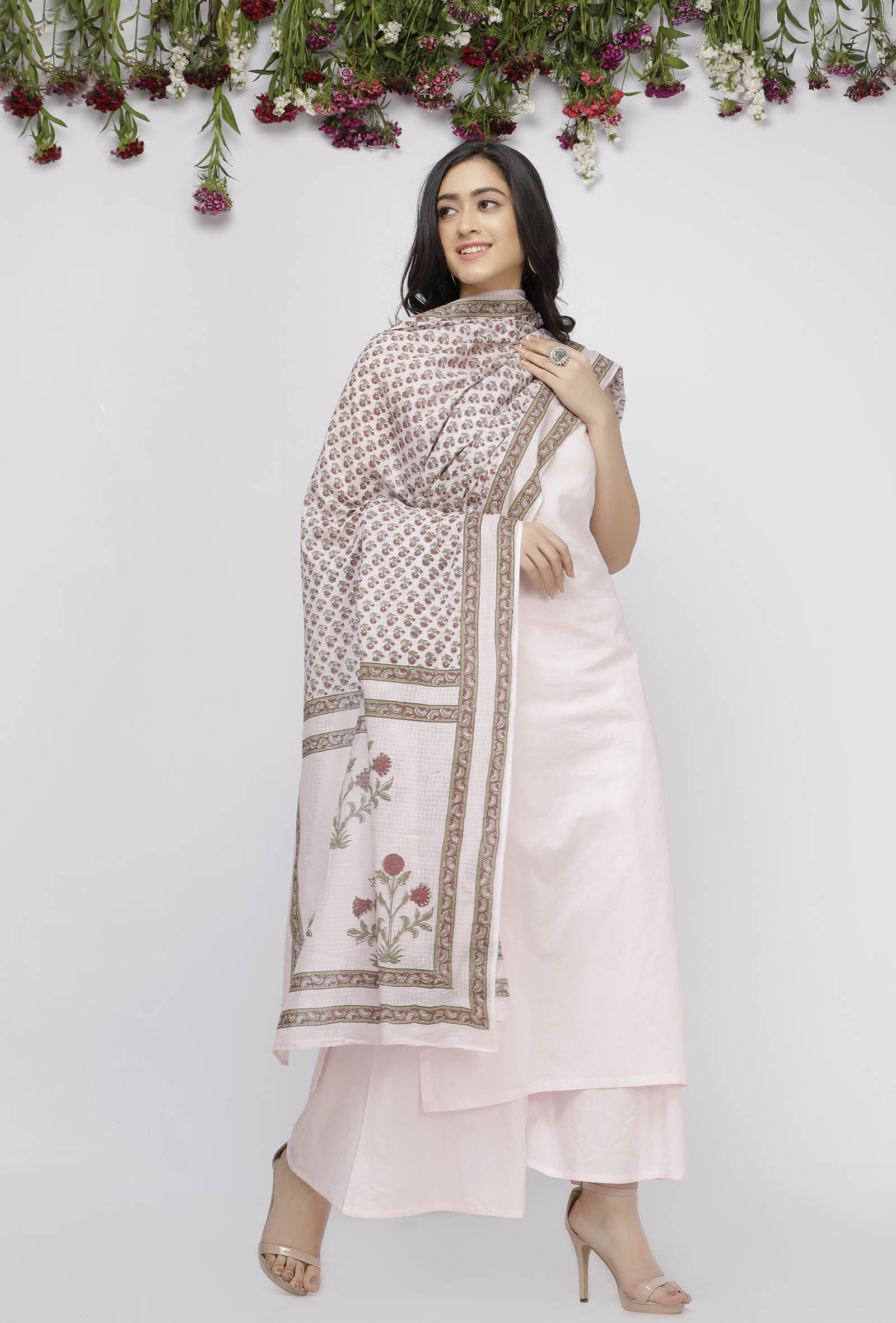 Light Pink Kota Hand-Block Printed Dupatta