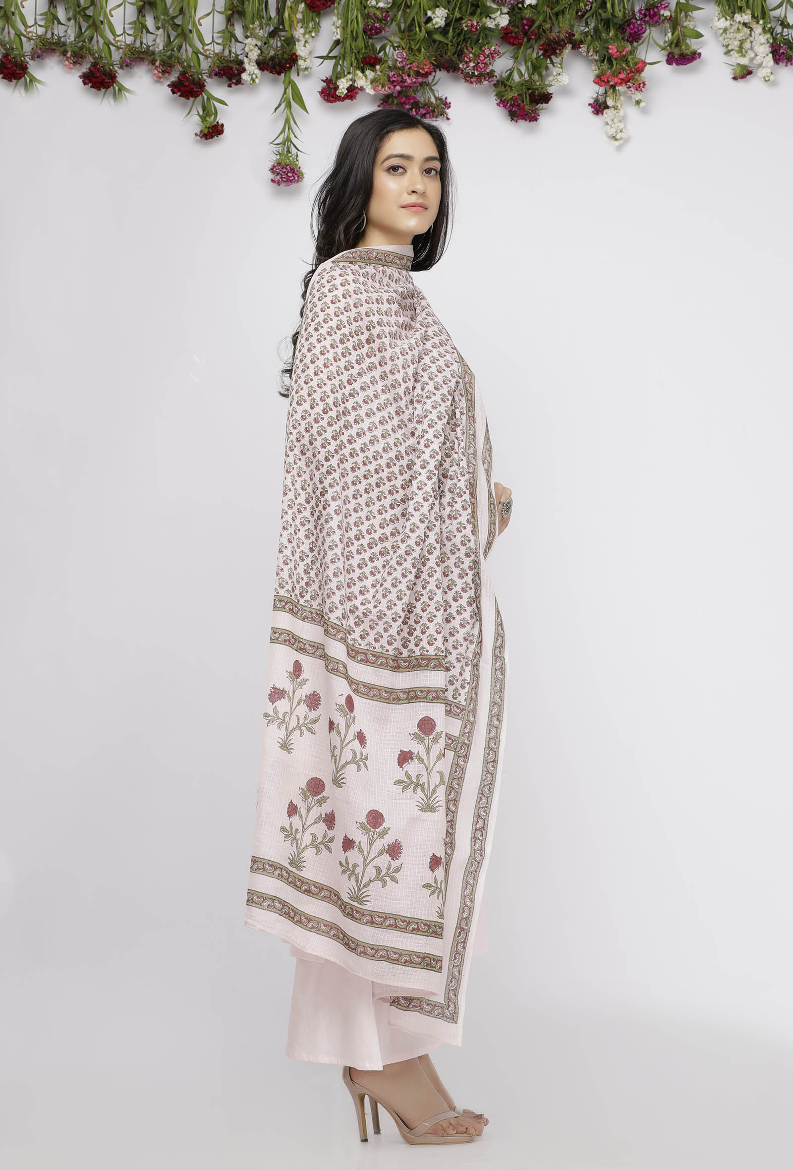 Light Pink Kota Hand-Block Printed Dupatta