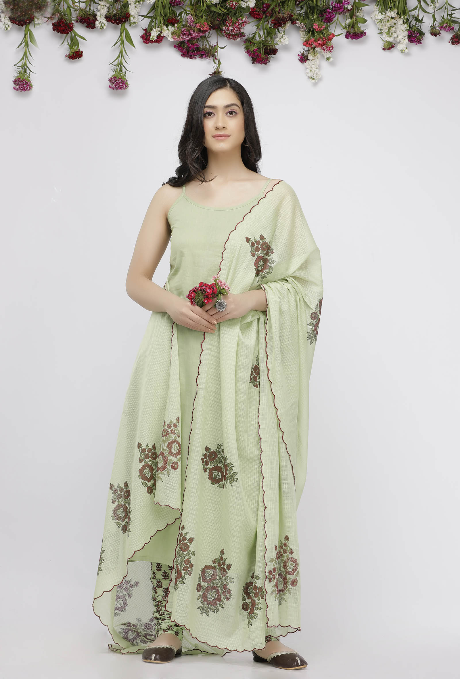 Light Green Kota Hand-Block Printed Dupatta with a scalping finish
